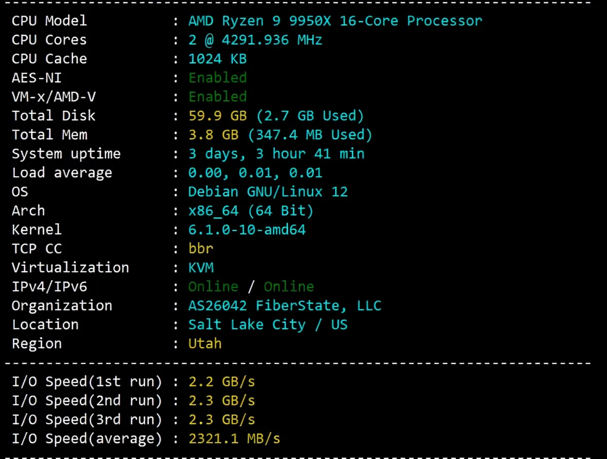 Detailed Review of UQIDC Salt Lake City 10Gbps Bandwidth High-Performance AMD Ryzen 9 9950X Series VPS - Image 2
