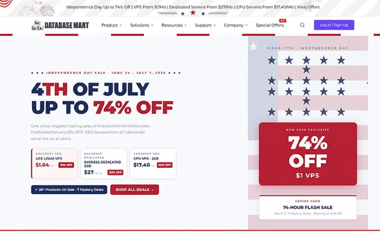 DatabaseMart Independence Day Sale: US VPS as low as $1/mo, Dedicated Servers & GPUs as low as $17.4/mo